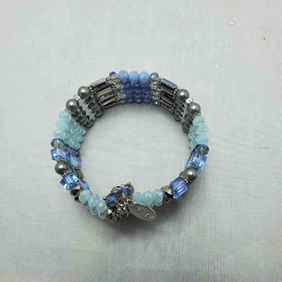 Ali Khan 5 row glass pearl Blue beaded wired wrap opened bracelet - Picture 5 of 7